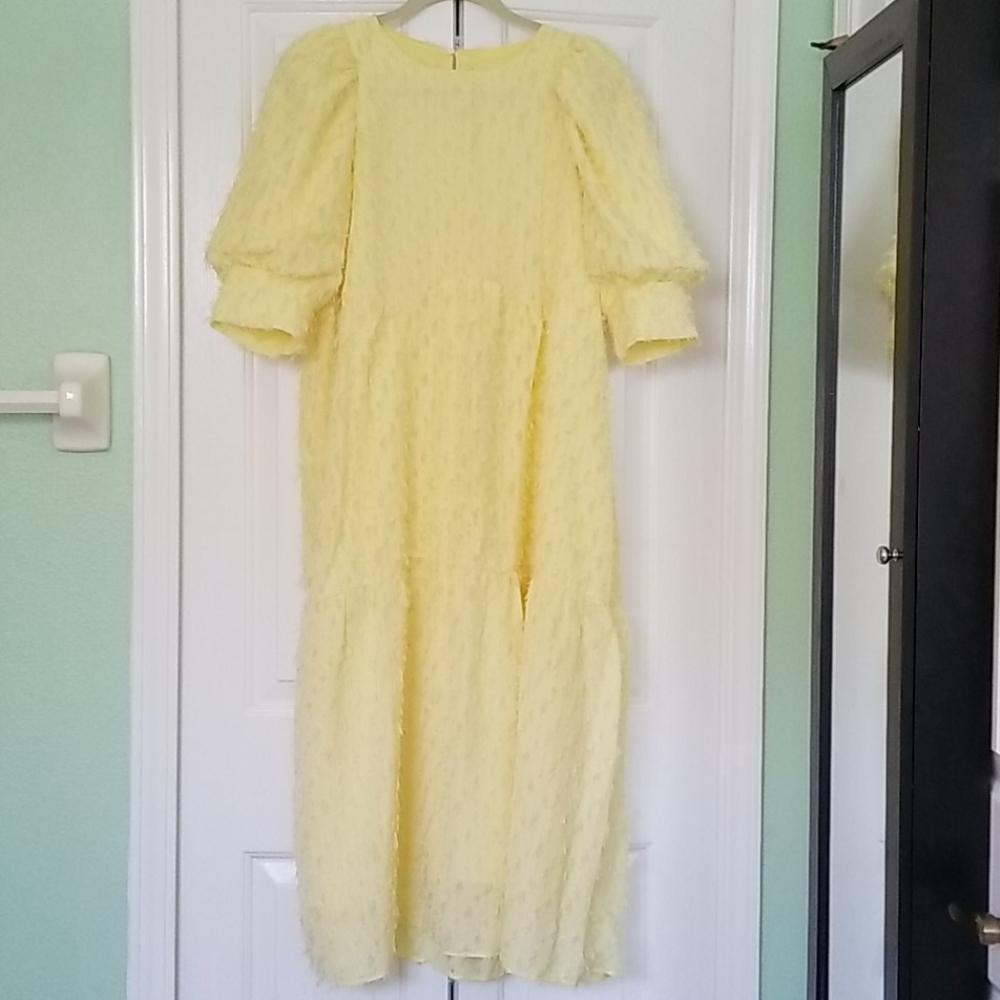 Whimsical and flowey pale yellow Shein dress.